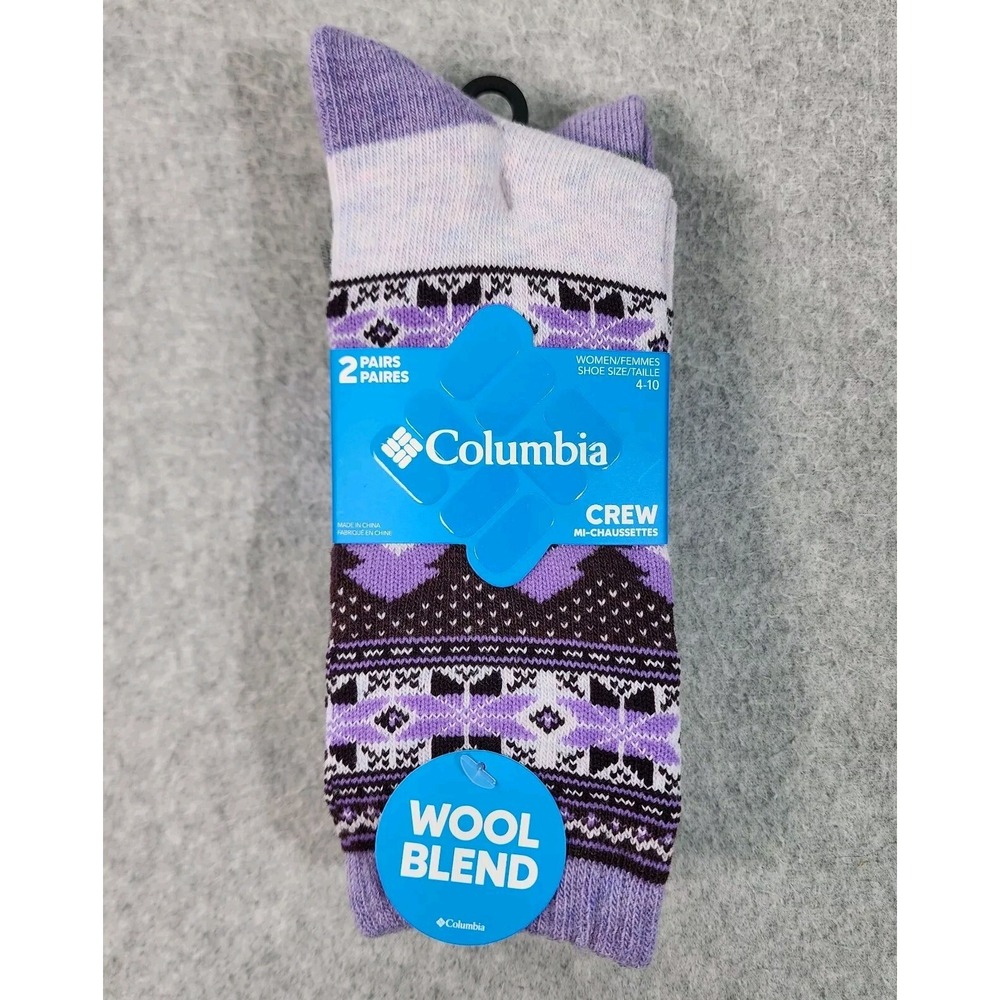 Columbia 2 Pair Crew Mi-Chaussettes Socks Womens Sz 4-10 Grey Purple Wool Blend